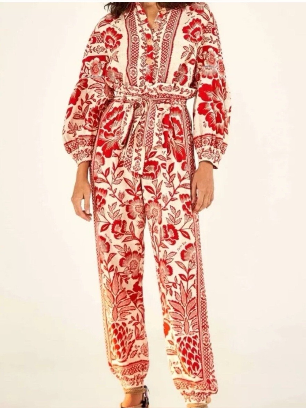 FARM Rio Red Tropical Tapestry Print Long Sleeve Belted Jumpsuit - Picture 1 of 5